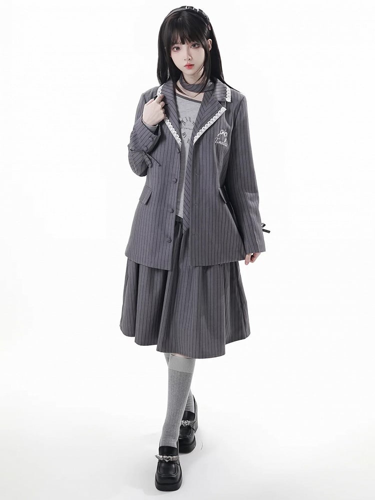 Gray Blazer Aesthetic with Striped - Preppy Bowknot Embroidery Timeless Fit Oversized