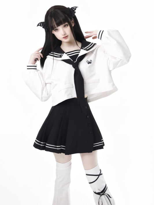 ホワイトセーラーカラー プレッピー刺繍 クロップドスウェットシャツ ジップ