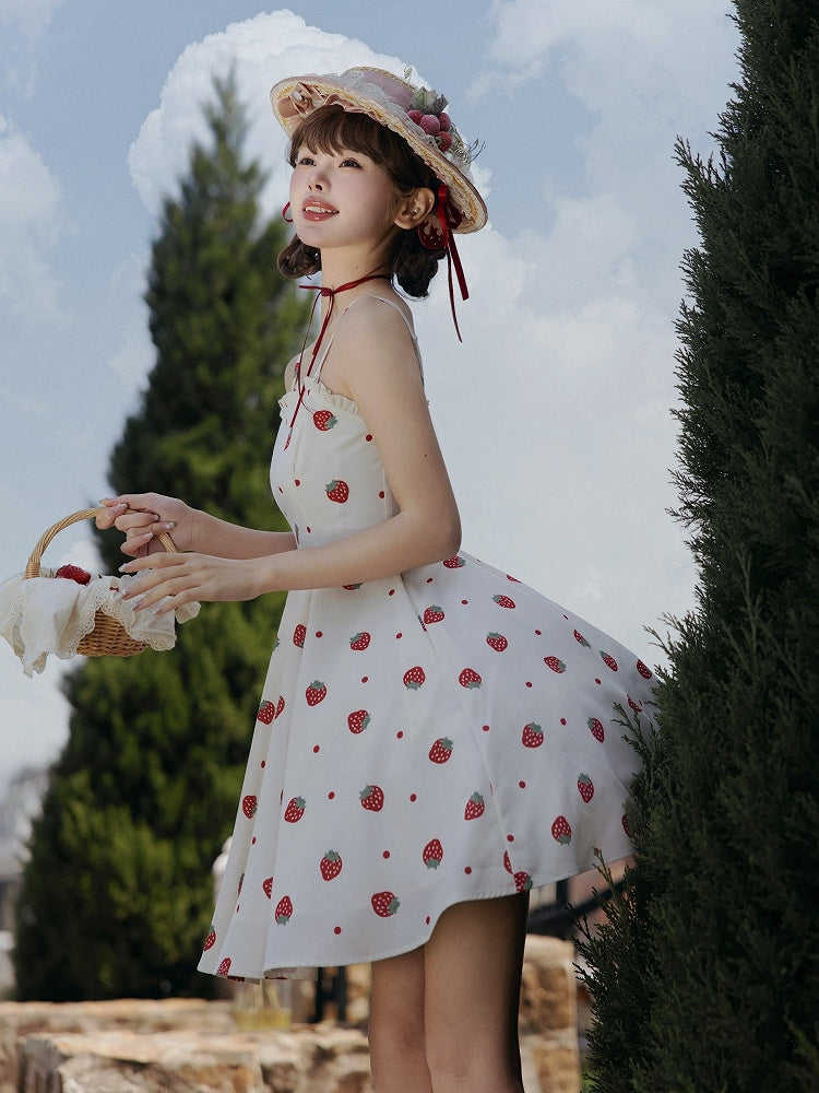 und weiß JSK süßes Kleid Polka Dots Sommer Lolita Erdbeere Sonne Druck