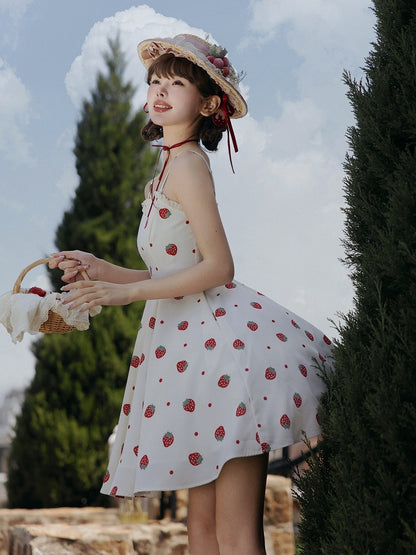 und weiß JSK süßes Kleid Polka Dots Sommer Lolita Erdbeere Sonne Druck