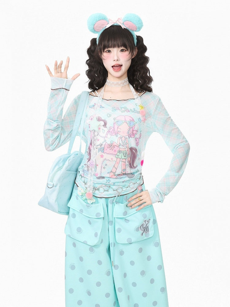 Cyan Breathable Mesh Long Sleeve Sun Protection Tee with Cartoon - Languid Park