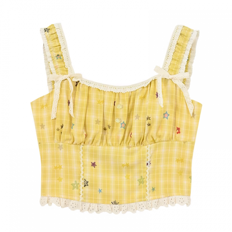 トリムレーススタープリントトップ イエローチェック柄 クロップド丈 ノースリーブ