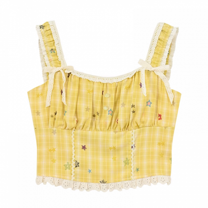 トリムレーススタープリントトップ イエローチェック柄 クロップド丈 ノースリーブ
