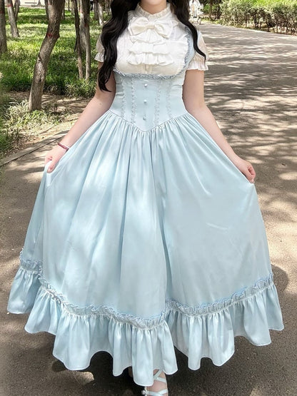 Light Blue Satin Basque Waist Under Bust Elegant Lolita JSK - Alice in Wonderland Lolita