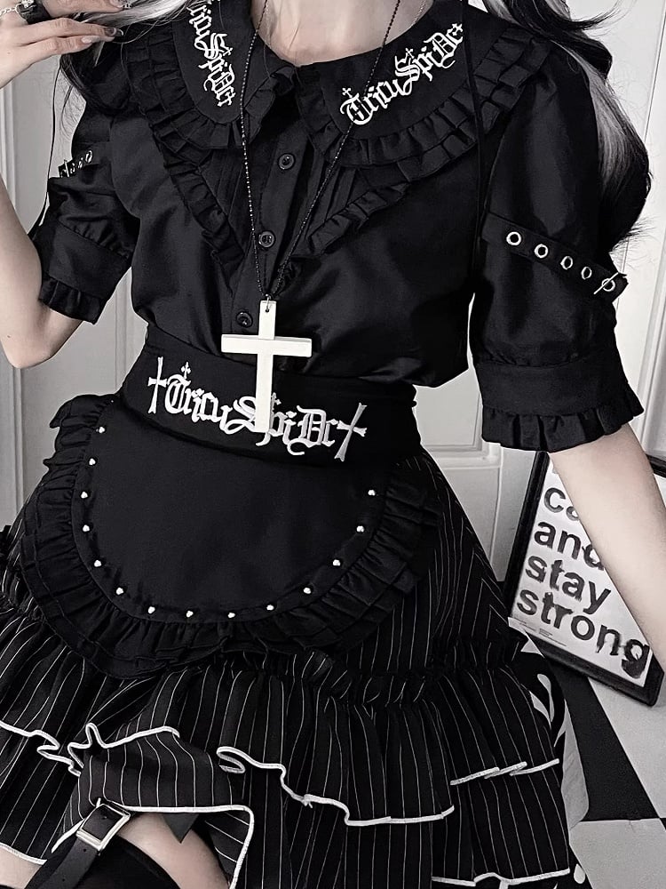 Collar Black Short Pan Buckle Gothic Blousewith StrapsRuffled Sleeve Peter