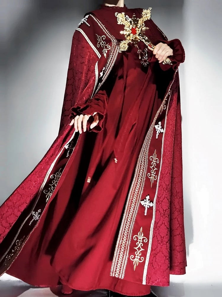 Cross Decorated Details Lolita Cloak and Wine Embroidery Red Nun