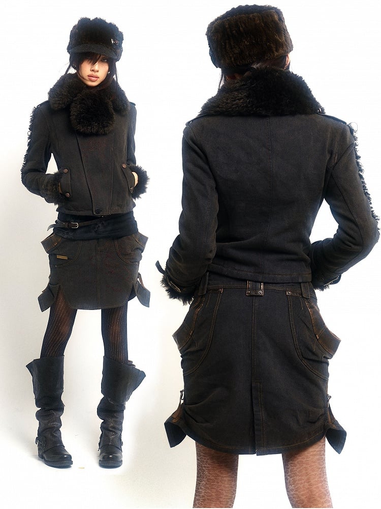 Jacket Details Collar Washed Fur Detachable Faux Black with Punk Embroidered