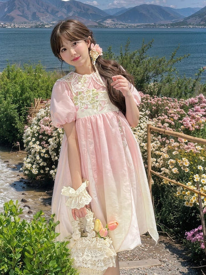 Ombre Style Spaghettiträgerkleid Empire Rosa Taille Erdbeerstickerei Cheongsam