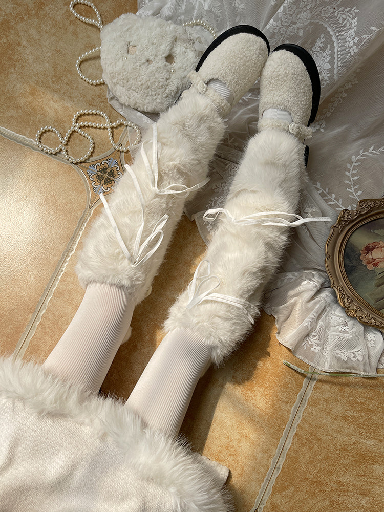 Straps Plush White Double Design Warmers Leg