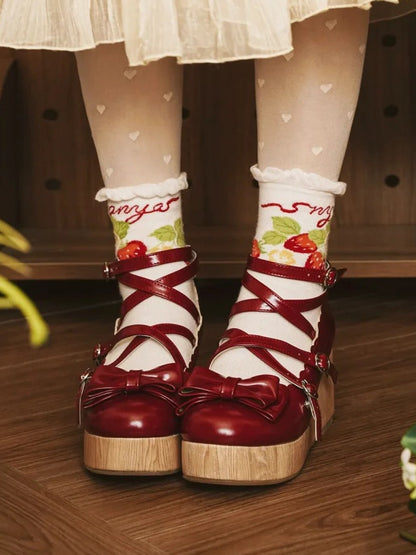 - Design Crisscross Wine Red Wedge at Top Bow Platforms Sweet