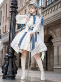 Military Lolita 3-Piece Set with Corset Belt – Top, Skirt and Belt, White and Blue (Xiong Dou Jiang)