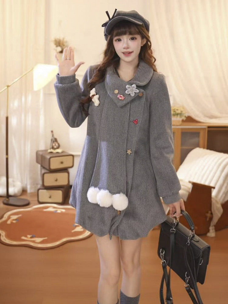 Accents Gray Lolita Winter Coat and Flower Pom-Pom with