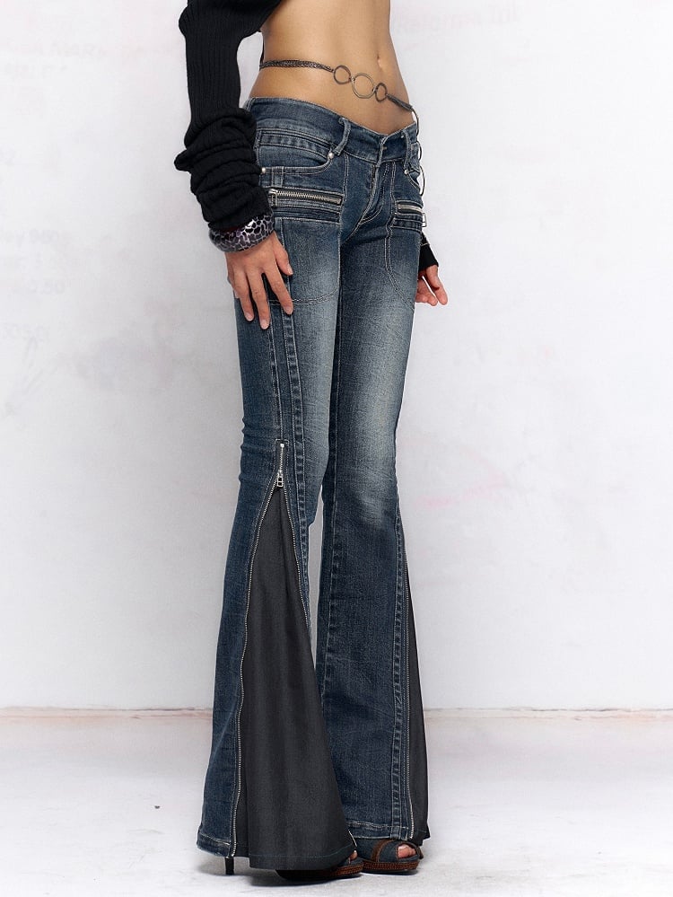 Faded Zip Waist Deep - Two-Way Blue Jeans Cuff Wash with Low Details