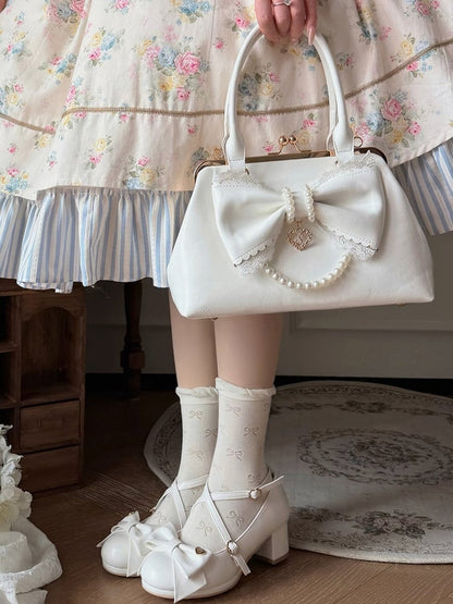 Ivory Classic Lolita Purse with Pearl Link and Ribbon Bow - Sheep Puff Bag
