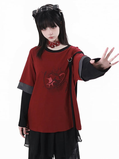 Graphic Top with Detachable Sleeves Style Black Cheongsam Red and