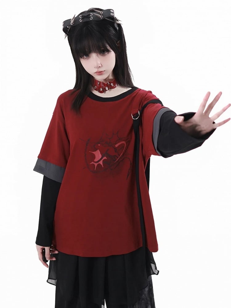Sleeves Top with Cheongsam Graphic Style Red Black Detachable and