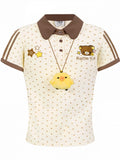 Brown Polka-Dot Tee with Bear Patch & Chick Charm - Languid Park