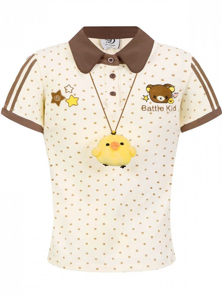 Brown Polka-Dot Tee with Bear Patch & Chick Charm - Languid Park