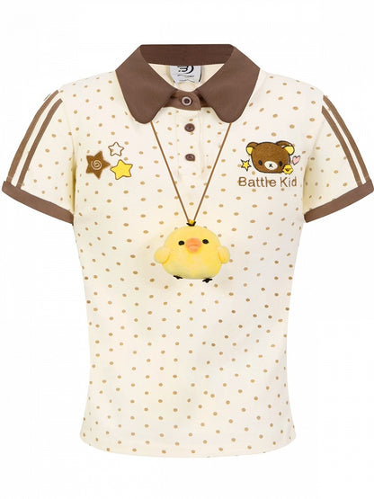 Brown Polka-Dot Tee with Bear Patch & Chick Charm - Languid Park