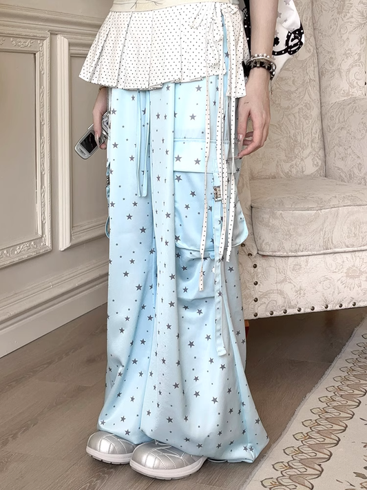 Allover Waist Blue Wide-leg Cargo Pants Star Print Drawstring