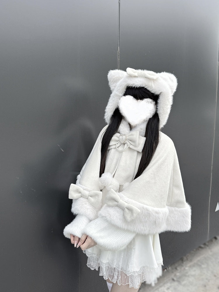 Plush Cozy Cape Coat Kitty-Ears Kei - Beige Jirai for Design Season Wool