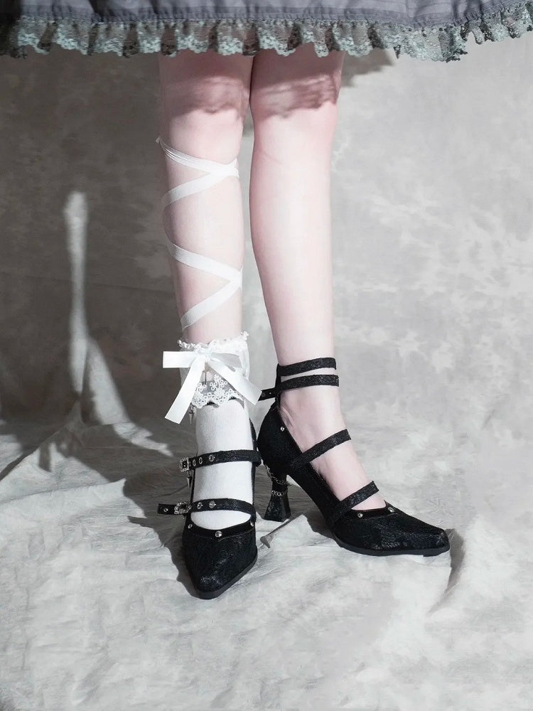 Gothic Black Pointed Toe  Lace 8.5cm High Heels Multiple Buckle Straps