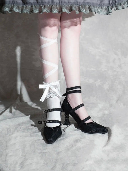 Gothic Black Pointed Toe  Lace 8.5cm High Heels Multiple Buckle Straps