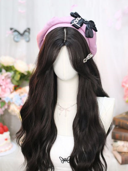 Black Tea Under Bust Length Wavy Wig with Curtain Bangs