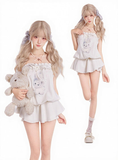 White Bunny Print Tube Top with Ruffle Trim - serendipity
