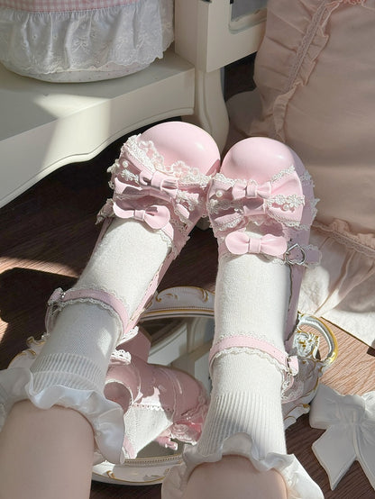 Hem Bow Scalloped Accents Shoes with Low-heel Lolita Pink Sweet