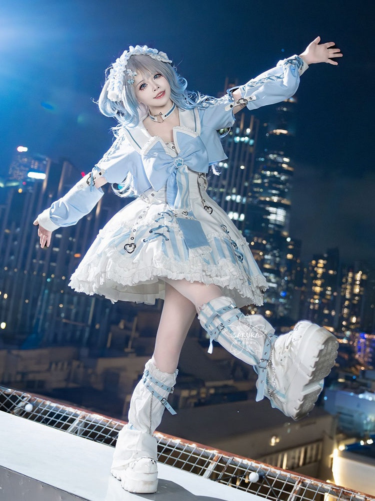 Kitty Light Bow Kaiwai Set Blaues JSK-Kleid Kurz geschnittenes Tenshi Lolita Sailor Striped Big Top Muster Ohren + - Kragen