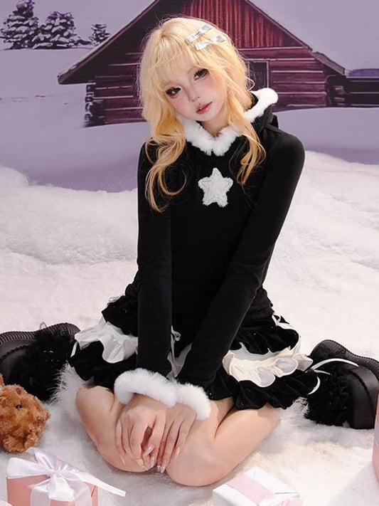 Schwarzes Slim-Fit-Oberteil mit Kapuze und Plüschbesatz und Stern-Applikation