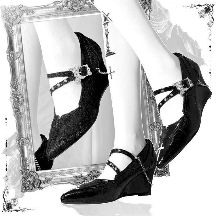 Toe Gothic Heel Black Jane Pointed Dark Mary Embroidery Cross Shoes Chunky 7cm