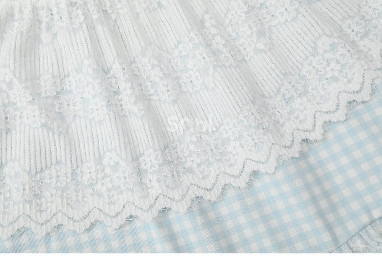 Blau-weißer Mori Kei-Rock mit hoher Taille und Patchwork-Karomuster