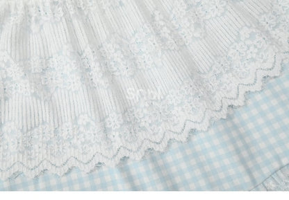 Blau-weißer Mori Kei-Rock mit hoher Taille und Patchwork-Karomuster