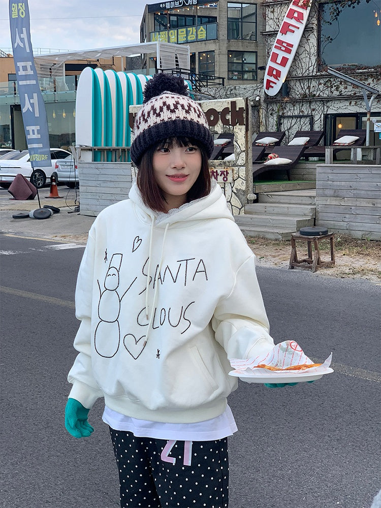 White / Snowman Hoodie Fleece-Lined with Black Bead Lace-Trimmed Hood and