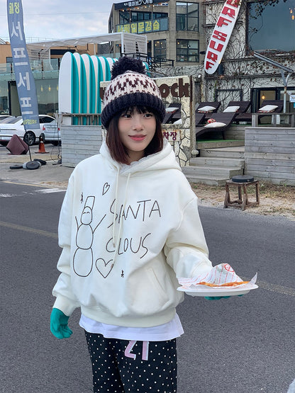 White / Snowman Hoodie Fleece-Lined with Black Bead Lace-Trimmed Hood and