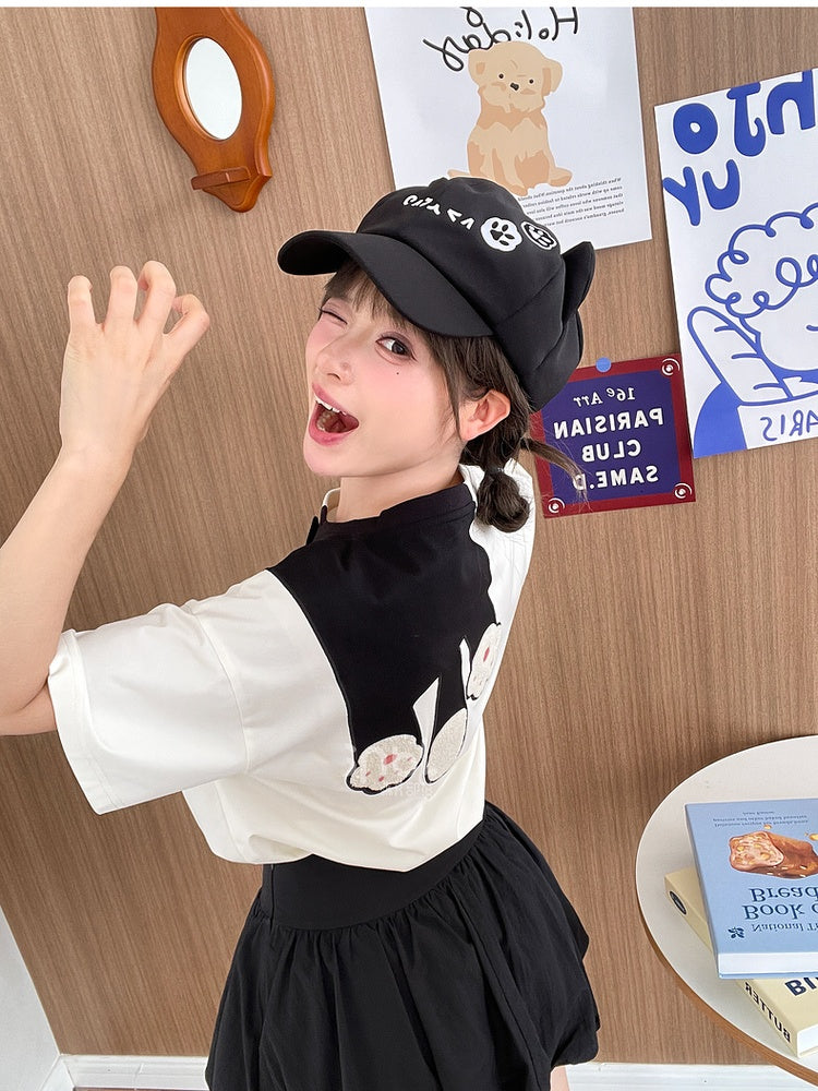 White Round Neck Cute Cat Print T-Shirt Loose