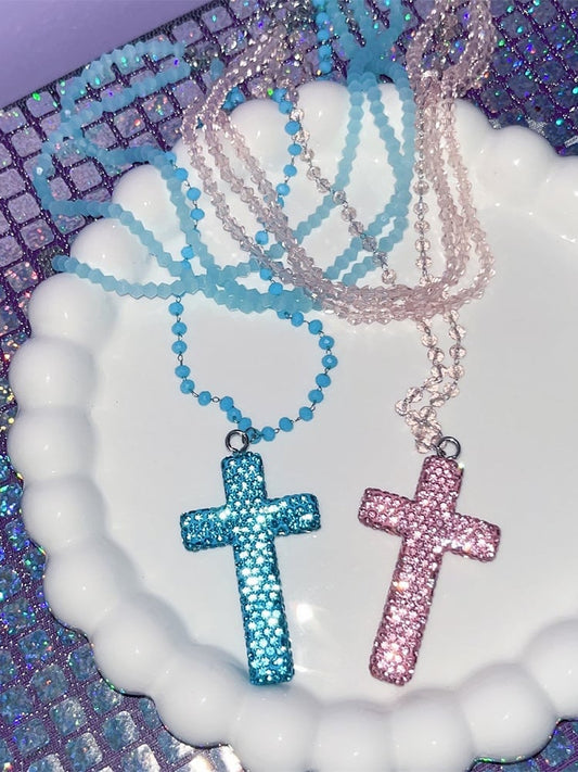 Necklace Layered Punk Pink/Blue Y2K Cross Rhinestone
