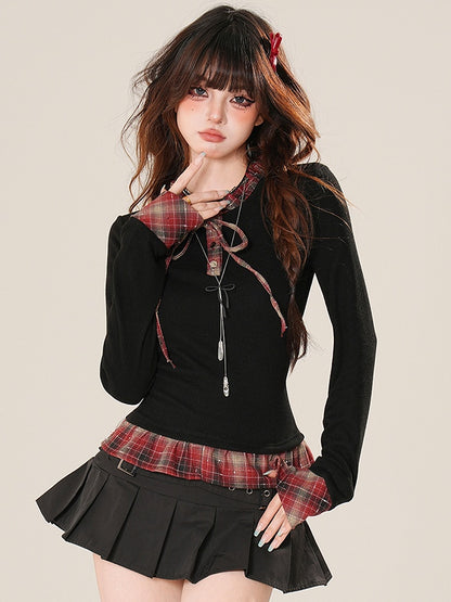 Muster Top Ärmel Plaid Lange Rüschen Schwarz Glamourös Bittersüß Trim