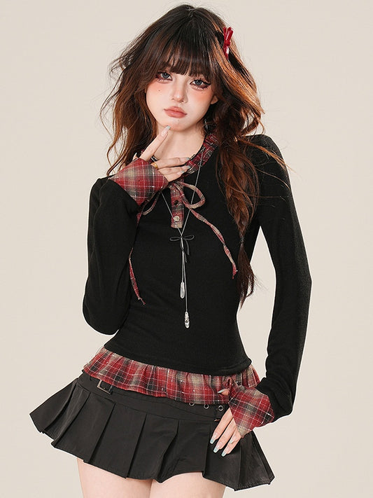 Muster Top Ärmel Plaid Lange Rüschen Schwarz Glamourös Bittersüß Trim