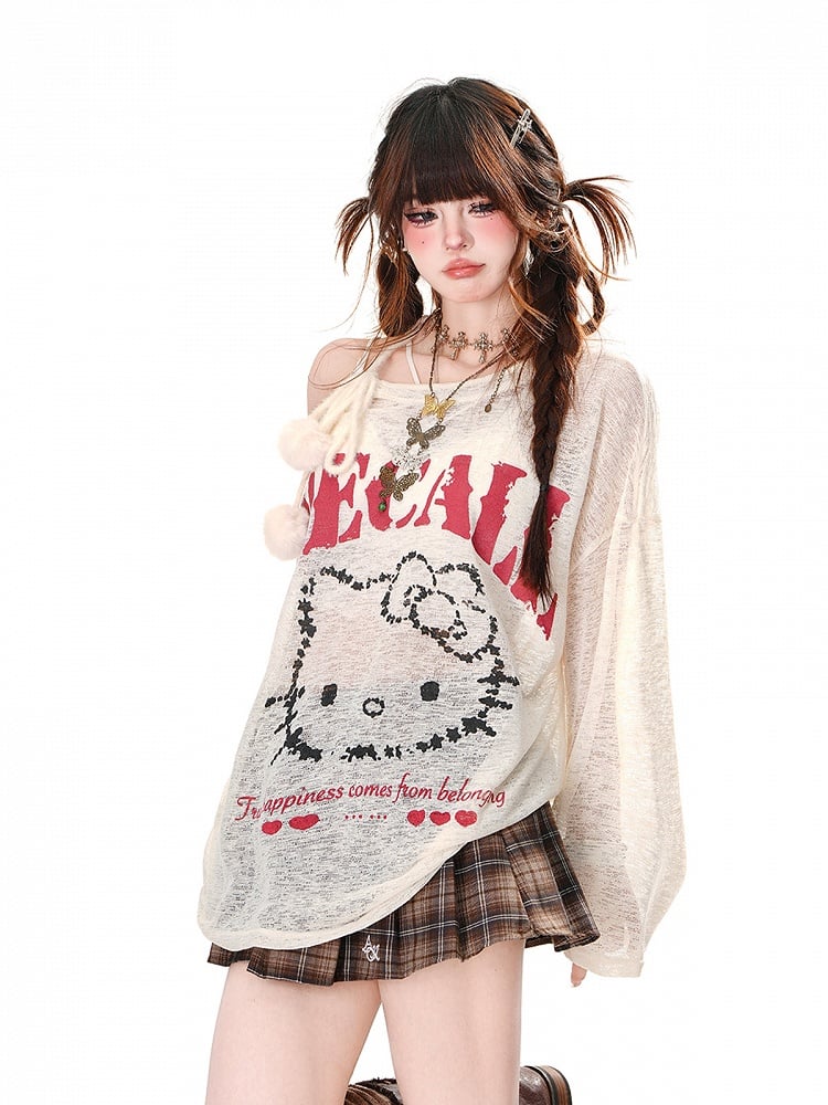 Halbtransparentes Sonnenschutz-Top mit Kätzchen-Print und Pompon-Akzenten in Rosa/Weiß mit asymmetrischem Ausschnitt