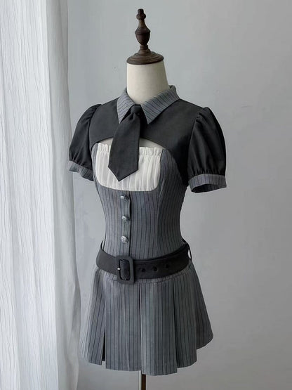 Gray Striped Jirai Kei Set: Cropped Top, Camisole Dress, Belt, Tie - Ekomi