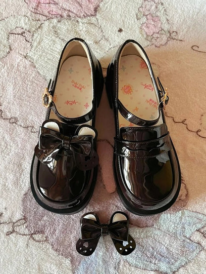 Brown Bear Detachable Buckle Bow Teddy Shoes with - Style Polished PU School Mid-heel