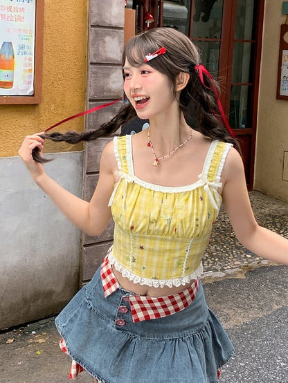 トリムレーススタープリントトップ イエローチェック柄 クロップド丈 ノースリーブ