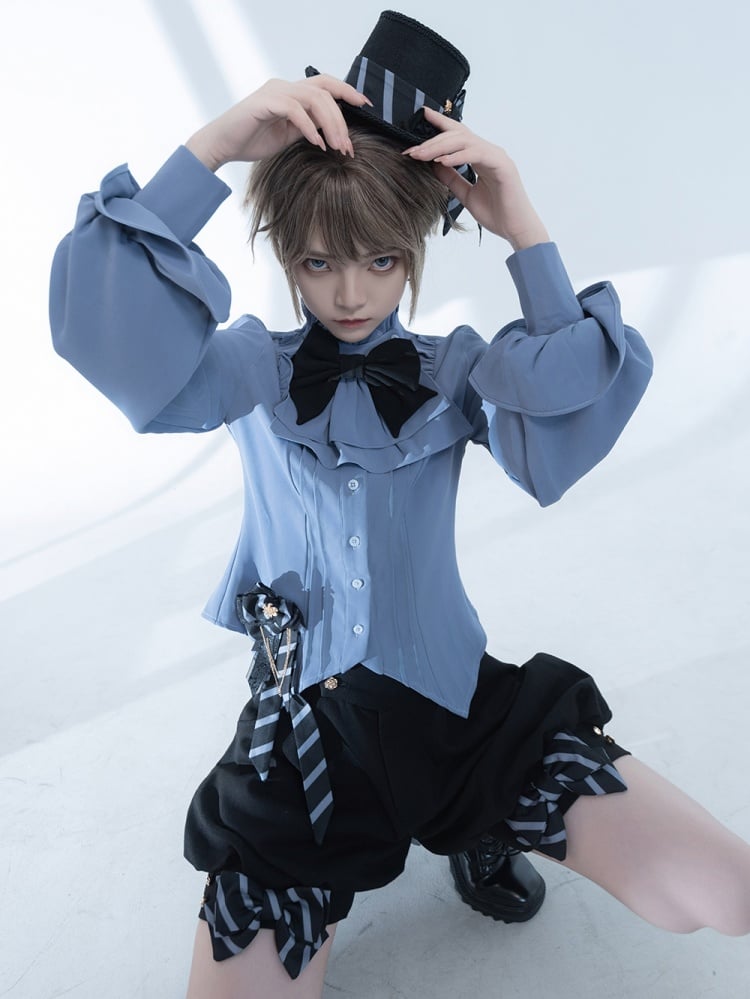 Blaues Ouji Lolita Fashion Jabot-Kragen-Hemd im Prince-Stil
