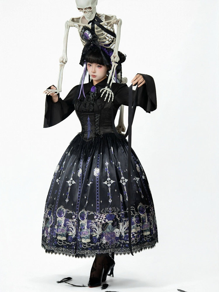 Purple Rosette and Skull Print Gothic Lolita Corset Under Bust JSK Dress - Sweetheart Love Song