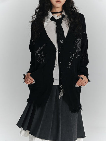Cardigan Rhinestone Hem Placket Black Frayed V-Neck with Punk Three-Pin Knit