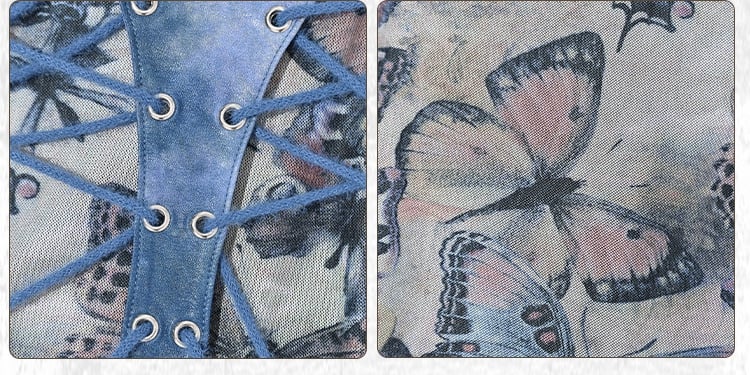 グランジ パンク ロック フェアリーコア ブルー バタフライ メッシュ パッチワーク ホルターネック トップ レースアップディテール