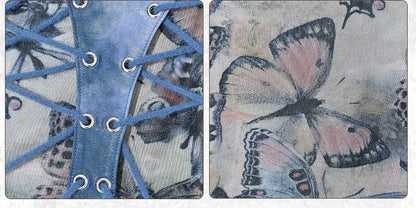 グランジ パンク ロック フェアリーコア ブルー バタフライ メッシュ パッチワーク ホルターネック トップ レースアップディテール